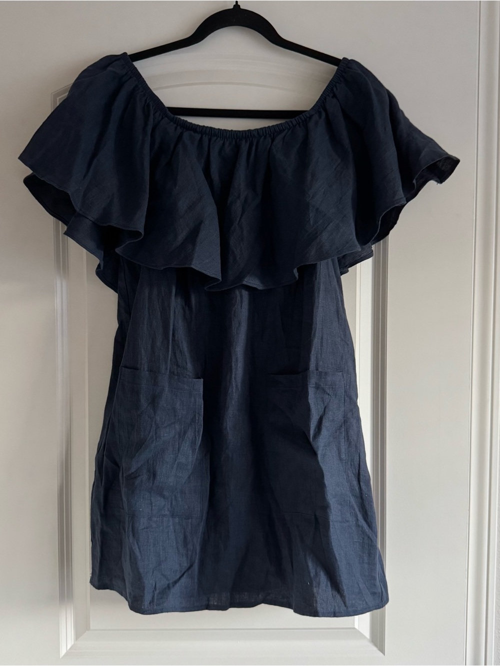 Reformation Navy Off-Shoulder Ruffle Mini Dress